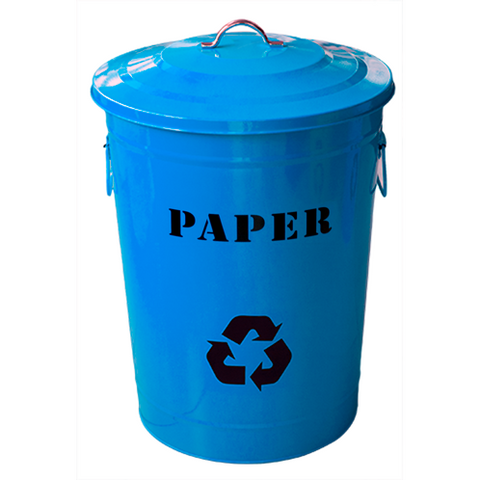 Round metal recycling bin "Paper" with lid blue 49 litres