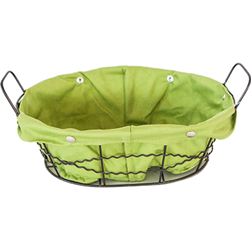 Oval metal bread basket with textile liner green 25cm