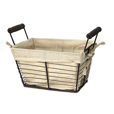 Rectangular metal bread basket with textile liner and wooden handles 30cm